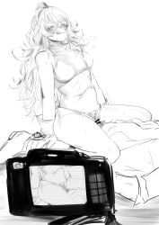 1boy :q absurdres amano44 bar_censor bikini boku_no_hero_academia breasts camera censored female greyscale hagakure_toru highres large_breasts long_hair midoriya_izuku monochrome sex straight sweat swimsuit tongue tongue_out unusually_visible