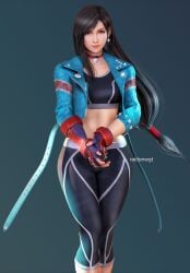 3d black_hair blue_background cammy_white cosplay female final_fantasy final_fantasy_vii fingerless_gloves gloves highres jacket long_hair pants raidenwgt red_eyes street_fighter street_fighter_6 tifa_lockhart yoga_pants