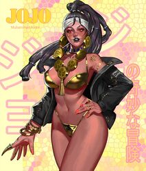 1girls black_hair breasts brown_skin curvy dark-skinned_female dark_skin female gold_jewelry human jewelry jojo's_bizarre_adventure large_breasts mohammed_avdol piercing piercings red_eyes rule_63 shounen_jump solo solo_focus stardust_crusaders veela_(artist) wide_hips