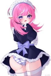 2d ass back_view bare_ass bare_hands bare_hips bare_skin big_ass black_highlights blue_and_white_striped_panties blue_bow blush cameltoe camila_(vtuber) demon demon_girl female maid_headdress maid_outfit maid_uniform pigtails pink_hair purple_eyes pussy sharp_ears short_hair tagme thighhighs turned_around twintails twitch virtual_youtuber vtuber white_background white_highlights yuimiyu