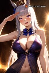 ai_generated animal_ears blunt_bangs blush bow breasts cleavage female gold_ship_(umamusume) grey_hair hat horse_ears horse_girl large_breasts long_hair looking_at_viewer meitabuu multiple_girls navel open_mouth purple_eyes salute see-through smile solo umamusume