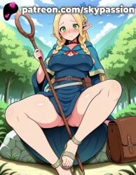 1girls 2025 ai_assisted ai_generated anime artist_name bag belt big_breasts big_breasts big_breasts big_chest blonde_hair blue_sky blush braid breast breasts breasts breasts bush bust busty chest cloud cloudy_sky day dungeon_meshi elf female_focus female_only forest grass green_eyes heart hi_res high_quality high_resolution highres holding_staff hood lake large_breasts legs_apart legs_spread log long_hair marcille_donato mountain mountainous_horizon nature no_panties open_legs outdoors park path patreon patreon_username pointy_ears river road sandals satchel sky skypassion solo splayed_legs spread_legs stable_diffusion staff tree tree_stump twin_braids watermark
