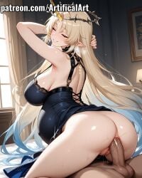 1boy 1girls ai_generated anal anal_sex anal_sex anus armpits artifical_art ass balls bangs big_breasts blonde_hair blue_eyes blush cartethyia_(wuthering_waves) closed_eye cowgirl_position earrings elf elf_ears fleurdelys_(wuthering_waves) halo hands_behind_head horn jewelry light-skinned_female light_skin long_hair milf penis penis_in_ass perfect_body pointed_ears pregnant pregnant_belly pregnant_female pregnant_sex pussy riding riding_penis seductive_look sex smile spread_legs wuthering_waves