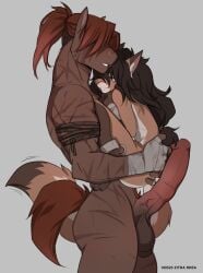 absurd_res balls bandage bandaged_arm big_penis canid canine cuddling equid equine erection female fox genitals gynomorph hair hair_over_eye hi_res holding_partner horse humanoid_genitalia humanoid_penis hybrid_genitalia hybrid_penis intersex intersex/female long_hair lotusgarden mammal medial_ring medial_ringed_humanoid_penis medial_ringed_hybrid_penis muscular muscular_intersex penis pink_nose ponytail red_hair rhea_(lotusgarden) scar scars_all_over shackled_ankles size_difference standing tail tail_motion tailwag true_fox vein veiny_penis zitra_(lotusgarden)