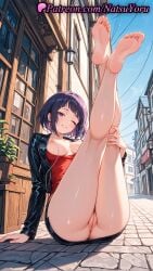 1girls 2025 ai_generated ass audio_jack bangs barefoot black_jacket black_skirt blunt_bangs blush boku_no_hero_academia breasts diagonal_bangs earphones feet hi_res highres jacket jirou_kyouka kyoka_jiro legs legs_up looking_at_viewer my_hero_academia natsuyoru nipples no_panties one_eye_closed outdoors patreon plant purple_eyes purple_hair pussy red_shirt shirt short_hair sitting skirt smile soles solo toes vagina voluptuous voluptuous_female