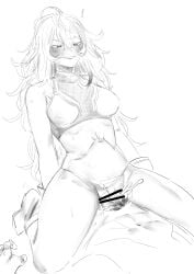 :q absurdres amano44 bar_censor bikini blush boku_no_hero_academia breasts censored cowgirl_position cum cum_in_pussy female greyscale hagakure_toru highres large_breasts long_hair midoriya_izuku monochrome sex stomach_bulge straddling straight sweat swimsuit tongue tongue_out unusually_visible