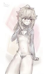 1boy big_butt big_thighs blush bra choker crossdressing cute_male digital_media_(artwork) eyelashes femboy genshin_impact kaedehara_kazuha leash long_sleeves panties penis_in_panties simple_background skinny thighs topwear