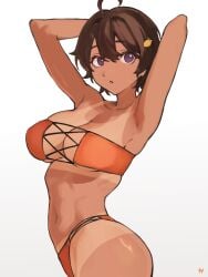 1girls ahoge antenna_hair armpit armpit_peek armpits ass bare_armpits bare_arms bare_belly bare_chest bare_hands bare_hips bare_midriff bare_navel bare_shoulders bare_skin bare_thighs belly belly_button bewitching_thighs bikini bikini_bottom bikini_only bikini_top breasts brown-skinned_female brown_eyebrows brown_hair brown_hair_female brown_skin brown_skinned_female busty busty_female busty_girl busty_teen child_bearing_hips collarbone elbows exposed_armpits exposed_arms exposed_belly exposed_chest exposed_hips exposed_midriff exposed_navel exposed_shoulders exposed_skin exposed_thighs female female_focus female_only fertile_hips fukuya_art hair_between_eyes hair_ornament hairless_armpits hand_behind_head hands_behind_head high_resolution high_school_student highres hourglass_figure large_breasts lean_figure looking_at_viewer looking_sideways looking_to_the_side make_heroine_ga_oo_sugiru! medium_hair midriff narrow_waist navel orange_bikini orange_bikini_bottom orange_bikini_top orange_swimsuit orange_swimwear purple_eyes purple_eyes_female school_girl shaved_armpits short_hair shoulders simple_background slender_body slender_waist slim_waist smooth_armpits solo standing swimsuit swimwear tan tan_body tan_chest tan_line tan_lines tan_skin tan_skinned_female tanned tanned_breasts tanned_skin teen_girl teenage_girl teenage_tits teenager thick_thighs thighs two-piece_tan upper_body white_background wide_hips yakishio_lemon young_female young_woman