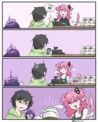 1boy 2d 2girls bare_arms bare_chest bare_pussy bare_shoulders bare_skin black_eyes black_hair blush blushing breast_milk breasts camila_(vtuber) cash_register coffee collarbone demon demon_girl drink eggtherapist female fox_ears green_hoodie hair_ornament halo long_hair male megalodon_(vtuber) meme milk naked_apron pale_skin phone pigtails pink_hair purple_eyes purple_hair pussy shark_girl shark_tail sharp_ears short_hair starbucks tagme turtle_boy twintails twitch vedal987 virtual_youtuber vtuber