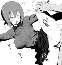1boy bar_censor breasts censored female girls_und_panzer henyaan_(oreizm) highres jacket kuromorimine_school_uniform large_breasts monochrome nishizumi_maho open_mouth penis school_uniform sex short_hair simple_background skirt solo_focus straight translation_request vaginal_penetration white_background