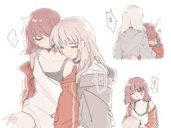 2girls achadtea after_fingering black_bra blush bra breasts chinese_commentary chinese_text cleavage closed_eyes closed_mouth commentary_request girls_band_cry grey_hair grey_hoodie hood hood_down hoodie iseri_nina jacket kawaragi_momoka long_hair multiple_girls open_clothes open_jacket open_mouth pussy_juice pussy_juice_on_fingers red_jacket shirt small_breasts translation_request underwear white_shirt yuri
