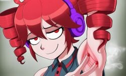 2025 ai ai_generated armpit_fetish armpits arms_up black_clothing blue_eyes kasane_teto red_eyes red_hair shadman_(style) steam utau vampiregurl vampiregurl_(artist)