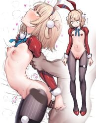 1boy animal_ears arched_back arm_held_back arms_at_sides asumi_(000) bar_censor blonde_hair blue_bow blue_bowtie blunt_bangs blush bow bowtie braid breasts censored clothed_female_nude_male clothed_sex commentary_request cowboy_shot dark-skinned_male dark_skin fake_animal_ears female from_side frontless_outfit full_body green_eyes hair_ornament hair_rings hairband head_back heart heart_maebari heart_pasties highres hiphighs indie_virtual_youtuber long_sleeves looking_at_self looking_down maebari motion_lines multiple_views navel nipples no_pupils nude open_mouth parted_lips pasties penis pom_pom_(clothes) pom_pom_hair_ornament profile rabbit_ears raised_eyebrows red_hairband red_shoes red_shrug reverse_bunnysuit reverse_outfit ribs rolling_eyes sex sex_from_behind shigure_ui_(vtuber) shoes short_hair side_braid simple_background small_breasts solo_focus speed_lines standing standing_sex stomach straight sweat sweatdrop tearing_up testicles thigh_strap translation_request virtual_youtuber white_background x-ray