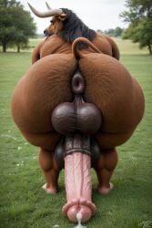 ai_generated balls equine_penis furry furrypornaddiction horsecock huge_butt male minotaur penis presenting puffy_anus realism realistic rear_view tail_up tongue_out
