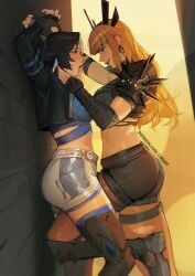 2d 2d_(artwork) 2girls absurdres against_wall arms_up artist_name assertive_female black_hair blonde_hair blue_nails clothed clothed_female crop_top cropped_jacket domination female female_only finger_in_another's_mouth from_side highres human human_only illyana_rasputin interracial leg_between_thighs light-skinned_female light_skin limart long_hair luna_snow luna_snow_(marvel_rivals) magik_(illyana_rasputin) magik_(marvel_rivals) marvel marvel_comics marvel_rivals midriff multicolored_hair paid_reward_available pantyhose pinned questionable seductive_smile seol_hee short_hair short_shorts shorts smile split-color_hair superheroine thighhighs torn_clothes torn_pantyhose white_hair x-men yuri