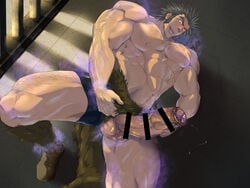 1boy abs arm_hair ass_visible_through_thighs aura bar_censor bara black_male_swimwear black_shorts blush boner censored chest_hair erection erection_under_clothes foot_out_of_frame foreskin fumio(ふみを) fumio_(snnmfmw) fumiyo gooner gooning hairy highres huge_cock hunter_x_hunter large_pectorals latex_bottom leg_hair leg_up long_sideburns lying male_focus male_only mature_male muscular muscular_male navel navel_hair nipples on_side pectorals penis penis_through_leghole precum pubic_hair_in_foreskin shirtless short_hair short_shorts shorts sideburns solo stomach textless thick_thighs thighs tight uvogin veins veiny_penis