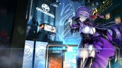 background bb_(fate) big_breasts city cityscape curvy cyberpunk_2077 fate/extra_ccc fate/grand_order fate_(series) giantess hair_ribbon huge_breasts leotard long_hair looking_at_viewer miniskirt nipple_bulge pale-skinned_female pale_skin purple_hair thick_thighs thighhighs uo_denim upskirt