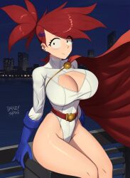 :3 alternate_breast_size barleyshake belt black_eyes boob_window breasts cape cartoon_network cleavage cleavage_cutout clothing_cutout collarbone cosplay curvy dc_comics ear_piercing female foster's_home_for_imaginary_friends frankie_foster gloves highres huge_breasts large_breasts light_blush night piercing ponytail power_girl red_hair sitting smile spiked_hair superman_(series) thighs