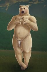 anthro balls_outline bear belly big_belly brown_eyes bulge clothed clothing detailed_bulge front_view full-length_portrait fur genital_outline glistening glistening_eyes hi_res looking_at_viewer male male_anthro mammal mouth_closed narrowed_eyes overweight overweight_anthro overweight_male penis_outline polar_bear portrait pubes satanic_monkey shy solo standing tan_body tan_fur topless ursine