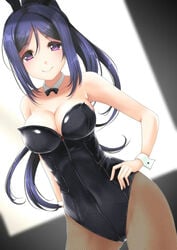 big_breasts blue_hair breasts bunny_ears bunnysuit frapowa hand_on_hip love_live! love_live!_sunshine!! matsuura_kanan playboy_bunny purple_eyes ribbon smile thick_thighs