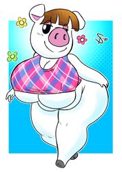 animal_crossing bottomless breasts female flower fur furry huge_breasts lucy_(animal_crossing) nintendo nipple_bulge pig slightly_chubby squealydealy thick_thighs video_games wide_hips