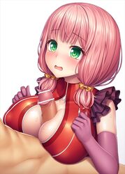 1boy bang_dream! bar_censor between_breasts blush breasts censored eyebrows_visible_through_hair female frilled_sleeves frills green_eyes hands_on_breasts lambda_(kusowarota) large_breasts low_twintails medium_hair open_mouth paizuri paizuri_under_clothes penis pink_hair shiny shiny_skin straight sweat symbol-shaped_pupils twintails uehara_himari unzipped