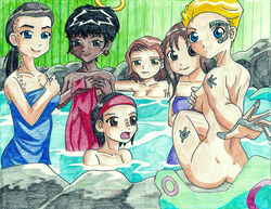 2010 6+girls 6girls alien bajoran_(species) bathing betazoid_(species) borg_(species) collarbone dark_skin deanna_troi dimples_of_venus earring female female_only halo headband hot_spring human humanoid implants in_water jadzia_dax kathryn_janeway light_skin looking_at_viewer markings mole multiple_females multiple_girls nose_ridges nyota_uhura open_mouth pencil ro_laren seven_of_nine smile smirk star_trek star_trek_deep_space_nine star_trek_the_next_generation star_trek_the_original_series star_trek_voyager towel trill_(species)