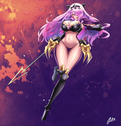 1girls alternate_costume ass_visible_through_thighs breasts camilla_(fire_emblem) female female_only fire_emblem fire_emblem_fates hair_over_one_eye holding holding_object holding_weapon jaxartdump light-skinned_female light_skin long_hair nintendo open_mouth panties purple_eyes purple_hair solo solo_female sword