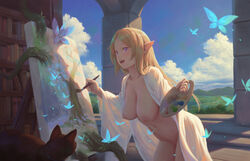 1girls belly big_breasts bigrbear blonde_hair breasts casual_exposure casual_nudity clothing detailed_background elf elf_ears elf_female exposed_breasts female female_focus female_only functionally_nude looking_at_viewer nipples original original_character painting painting_(artwork) pointy_ears sideboob solo solo_female solo_focus