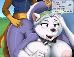 1boy 1girls 2d ahe_gao anthro ass ass_grab big_ass big_breasts big_thighs blush blushing breasts canine chase_(paw_patrol) diacordst doggy_style edit english_text everest_(paw_patrol) female furry grabbing_tail groping groping_ass groping_butt holding_head husky male/female paw_patrol penetration railing sex tail text text_bubble thick_thighs thighs