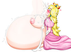 1girls blonde_hair blowjob breasts clothing cumflated_belly cumflation dress escapefromexpansion excessive_cum fellatio female female_only huge_breasts hyper hyper_cumflation inflation long_hair mario_(series) nintendo nipples pink_dress princess princess_peach simple_background solo white_background