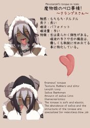 :d animal_ears asymmetrical_horns bell_orgel bilingual black_hair blush breasts brown_background chains commentary_request dark-skinned_female dark_skin english_text eyes_visible_through_hair fangs fellatio female fur-trimmed_hood fur_trim grey_hair highres hood hood_up horns krampus krampus_(monster_girl_encyclopedia) large_breasts long_hair looking_at_viewer mixed-language_text monster_girl monster_girl_encyclopedia multicolored_hair multiple_views open_mouth oral orange_eyes penis saliva simple_background slit_pupils smile straight tongue tongue_out two-tone_hair