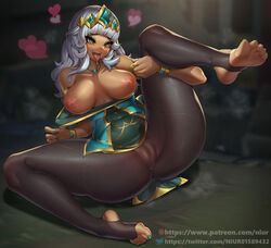 1girls ass blush breasts dark-skinned_female dark_skin exposed_breasts feet female green_eyes hair_ornament heart league_of_legends long_hair nipples niur open_mouth partially_clothed qiyana_yunalai stirrup_legwear thick_thighs toeless_legwear toes tongue_out white_hair