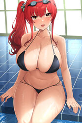 1girls 2021 areola_slip areolae armpit_crease arms_by_side azur_lane belly_button bikini black_bikini blush breasts cleavage detailed_background feet_out_of_frame female female_focus female_only goggles_on_head hi_res hips huge_breasts indoors long_hair looking_at_viewer open_mouth ponytail pool poolside red_hair sakamotono shiny_skin side_ponytail sideboob sitting slim_waist smile smiling_at_viewer swimsuit thick_thighs thighs water wide_hips yellow_eyes zara_(azur_lane) zara_(poolside_coincidence)_(azur_lane)