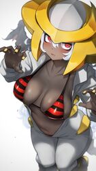 1girls bangs belly big_breasts bikini bikini_top blush breasts breasts_apart chubby chubby_female claw_pose cleavage creatures_(company) dark-skinned_female dark_skin female game_freak giratina hair_between_eyes helmet highres hizake humanized jumpsuit kashu_(hizake) large_breasts legendary_pokémon looking_at_viewer medium_breasts nail_polish navel nintendo open_mouth personification plump pokémon_(species) pokemon pokemon_(game) pokemon_dppt red_eyes shoes sideboob sidelocks simple_background solo striped striped_bikini striped_swimsuit sweat sweatdrop swimsuit voluptuous white_background white_hair yellow_nails