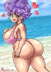 1girls ass beach big_ass big_breasts blue_eyes breasts bubble_butt dragon_ball dragon_ball_(classic) green_eyes looking_at_viewer purple_hair r0771 ranfan red_lipstick renshirou renzaburo0771 smile swimsuit