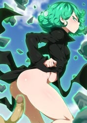 1boy 1girls ass black_dress blush breasts curly_hair dress female floating floating_rock from_behind glowing green_eyes green_hair imminent_sex levitation light-skinned_male looking_at_viewer looking_back no_panties one-punch_man shiny shiny_hair shiny_skin short_hair side_slit small_breasts solo_focus sweat tatsumaki telekinesis