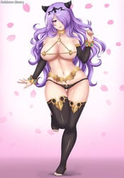 1girls alternate_costume black_panties breasts camilla_(fire_emblem) duo female female_only fire_emblem fire_emblem_fates hair_over_one_eye harem_outfit light-skinned_female light_skin lipstick looking_at_viewer medium_hair nintendo one_leg_up panties patdarux purple_eyes purple_hair solo solo_female thick_thighs