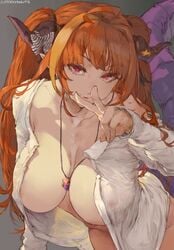 1girls absurd_res artist_name breasts cleavage cutesexyrobutts female female_only hi_res holoforce hololive hololive_japan horns kiryu_coco large_breasts looking_at_viewer necklace orange_hair red_eyes shirt signature solo tail virtual_youtuber