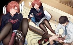 1boy after_footjob bangs black_hoodie black_legwear blush brown_hair cellphone censored closed_mouth cum cum_on_body cum_on_clothes cum_on_feet djheycha drawstring feet female footjob from_above grey_skirt hair_ornament hair_over_one_eye hairclip higuchi_madoka holding holding_phone hood hoodie idolmaster idolmaster_shiny_colors long_sleeves looking_at_phone looking_to_the_side mole mole_under_eye mosaic_censoring no_shoes open_mouth panties panties_under_pantyhose pantyhose penis phone pleated_skirt producer_(idolmaster) purple_eyes short_hair sitting skirt smartphone soles straight sweatshirt toes underwear white_panties