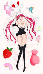 bed black_legwear black_stockings bleach blush body_pillow bunny_ears commission dakimakura dakimakura_design dokugamine_riruka exposed_breasts exposed_nipples laying laying_down laying_on_bed pillow pink_eyes pink_hair pink_nipples smile smiling teddy_bear thetdarts white_panties