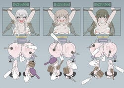 3girls ass barefoot blush bondage breast_grab breasts clitoris_pull danganronpa danganronpa_2:_goodbye_despair danganronpa_v3 egg_vibrator female female_only femsub foot_fetish harukawa_maki kirigiri_kyouko laughing multiple_girls multiple_subs nanami_chiaki nude_female pussy screen stuck_in_wall sweat tadashibaka tears through_wall tickling tickling_armpits tickling_feet