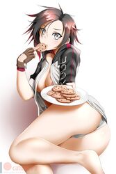 1girls ass black_hair breasts cookie eating female grey_eyes jacket large_breasts laying_down looking_at_viewer panties ruby_rose rwby simple_background white_skin