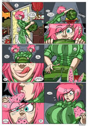 1girls breast_expansion breasts comic dialogue erect_nipples female female_only huge_breasts massive_breasts nipple_bulge original original_character subi sutibaru watermelon