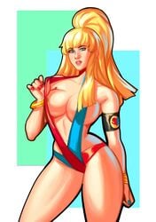 1girls adjusting_clothes adjusting_swimsuit armband asymmetrical_hair bangs blonde_hair blue_eyes blue_nails blunt_bangs bracelet breasts cleavage kolin large_breasts lips multicolored multicolored_clothes multicolored_swimsuit navel parted_lips red_nails rhydwyn side_ponytail solo street_fighter street_fighter_v swimsuit thick_thighs thighs wide_hips