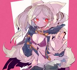 1girl 1girls alternate_costume animal_ears blush bra breasts cleavage closed_mouth clothes_pull coat commentary commission costume cowboy_shot english_commentary female fire_emblem fire_emblem_awakening fire_emblem_heroes fur_trim grima_(fire_emblem) halloween looking_at_viewer massakasama medium_breasts navel nintendo official_alternate_costume panties pink_background purple_bra purple_panties red_eyes robin_(female)_(halloween)_(fire_emblem) robin_(fire_emblem) robin_(fire_emblem)_(female) shorts shorts_pull skeb_commission solo sweatdrop tail twintails two-tone_background underwear undressing white_background wolf_ears wolf_girl wolf_tail