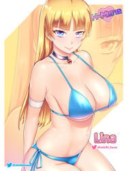 1girls arm_strap bangs bikini blonde_hair blue_bikini blue_eyes blue_ribbon blunt_bangs borrowed_character breasts choker cleavage closed_mouth collarbone etchimune eyebrows_visible_through_hair female heart_pendant jewelry large_breasts light-skinned_female light_skin lina_bell_roll_(michihasu) long_hair looking_at_viewer navel original pendant purple_choker ribbon shiny shiny_hair side-tie_bikini sideboob sitting smile solo solo_female straight_hair swimsuit twitter_logo underboob very_long_hair