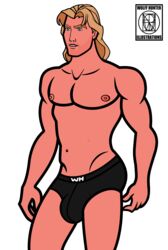 1boy black_underwear blonde_hair blue_eyes briefs briefs_only bulge cartoony disney john_smith long_hair_male male male_nipples male_only pecs penis_bulge pocahontas scar smooth_skinned_male solo underwear underwear_only white_background wolffhunter_art