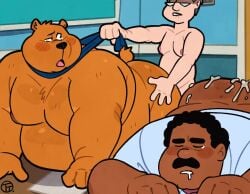 3boys anal anal_sex animated anthro bear big_ass big_belly big_butt biting_lip bottomless cleveland_brown drooling fat fat_ass fat_man gay hand_on_ass indoors male male/male/male male_only mp4 multiple_boys no_sound obese obese_male overweight overweight_male pulling_tie size_difference smaller_male superchub tagme tears the_cleveland_show threesome tim_the_bear trashtoonz video