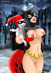 2girls batman:_the_animated_series batman_(series) big_breasts blue_eyes bodysuit breast_grab breasts catwoman catwoman_(dcau) dc dc_comics dcau female female/female female_only fondling_breast hairless_pussy hands_on_breasts harley_quinn harley_quinn_(classic) huge_breasts mask mostly_nude multiple_girls nipples outdoor outside pussy standing unknown_artist yuri yurihaven.com